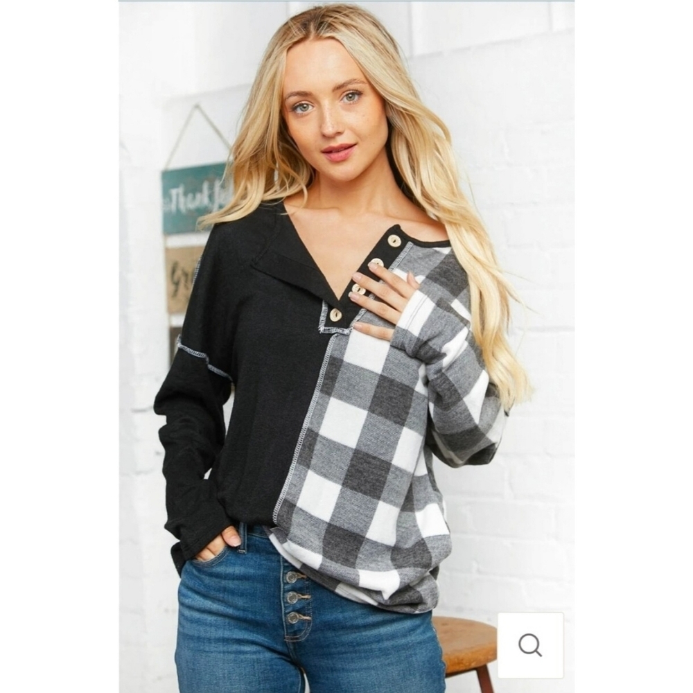 Plaid Half and Half Button Down Knit Top - Picture 6 of 9